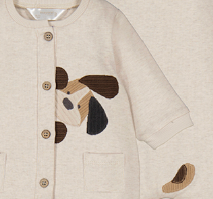 Children's outfit with a dog appliqué on a beige background. MAYORAL BABY UNISEX SLEEPSUIT - OATMEAL HAPPY PUPPY