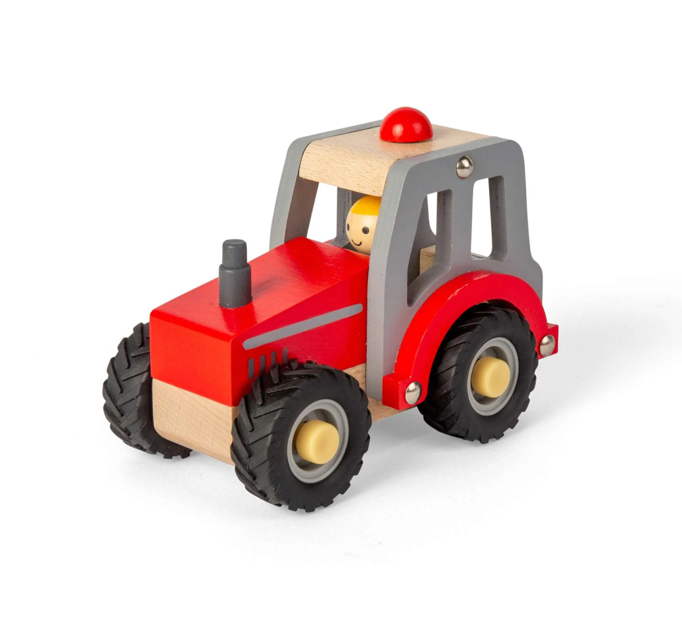 Toy tractor with a red body and black wheels. MINI RED WOODEN TRACTOR | BIGJIGS