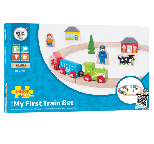 Box of BigJigs Rail My First Train Set with toy train and track on a white background MY FIRST TRAIN SET | BIGJIGS