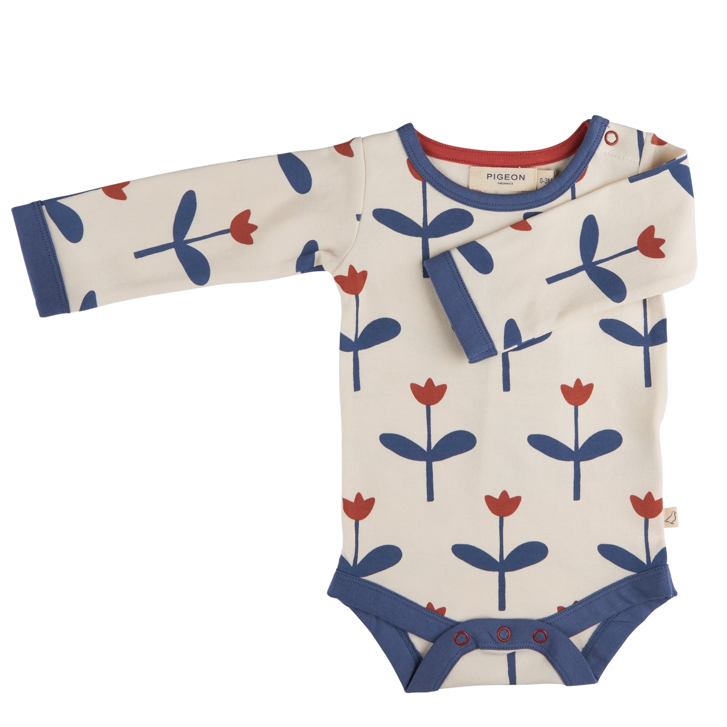 A long-sleeved CREAM baby body suit with BLUE TULIP print and poppers at the shoulders and crotch. ORGANIC COTTON BABY BODYSUIT - BLUE TULIP | PIGEON ORGANICS