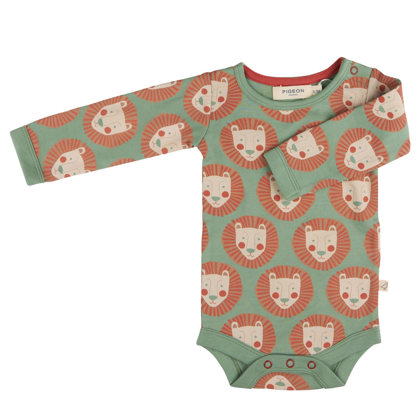 A long-sleeved green baby body suit with a lion face print and poppers at the shoulders and crotch. ORGANIC COTTON BABY BODYSUIT - LION FACES | PIGEON ORGANICS