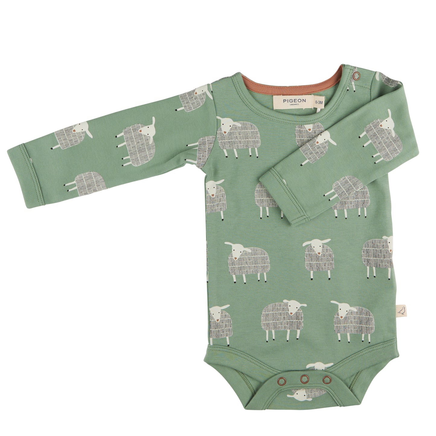 A long-sleeved green baby body suit with SHEEP print and poppers at the shoulders and crotch. ORGANIC COTTON BABY BODYSUIT - SHEEP ON BASIL GREEN | PIGEON ORGANICS