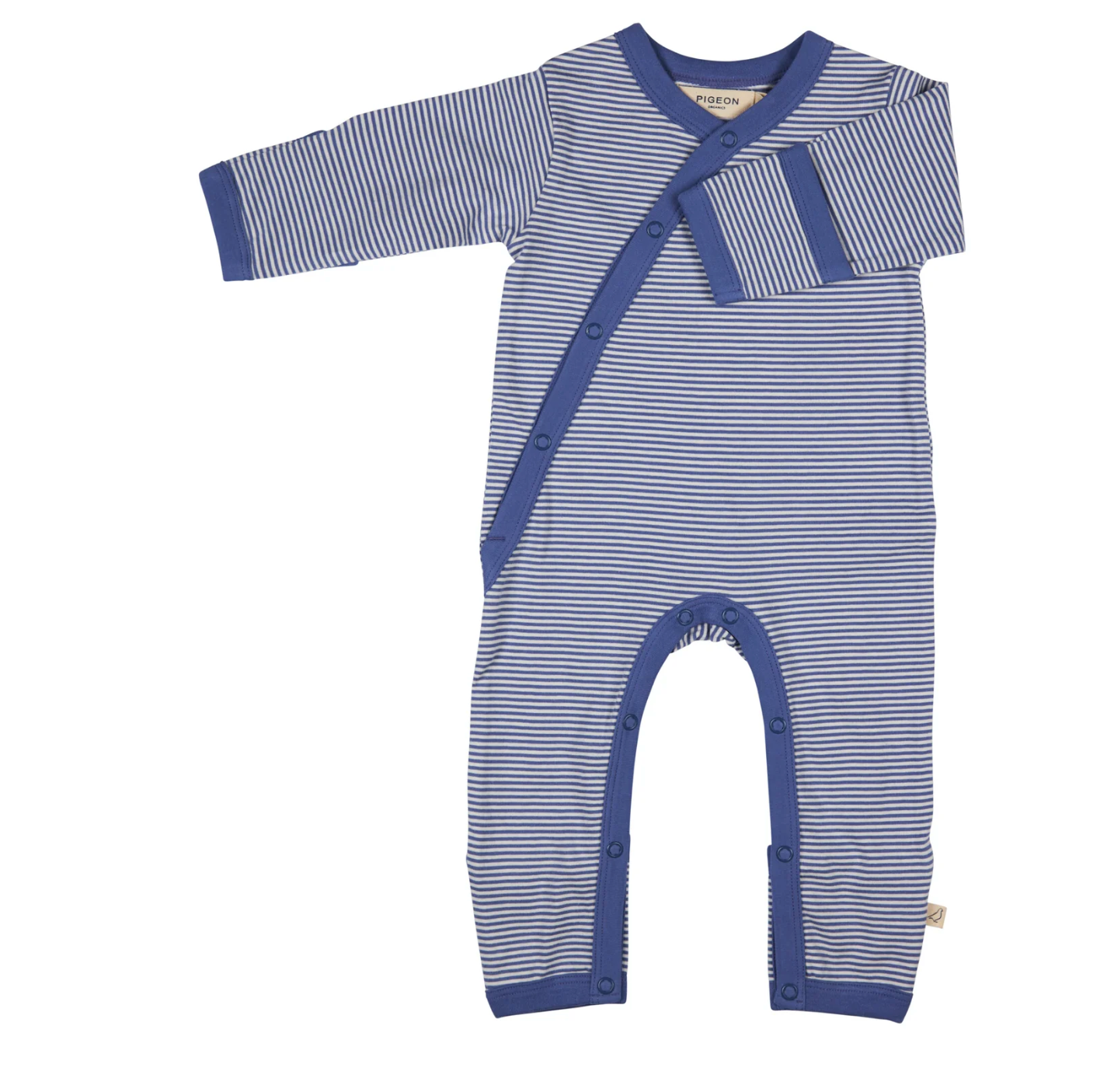 Blue and white striped baby romper. ORGANIC COTTON BABY SLEEPSUIT - NAVY BLUE FINE STRIPE | PIGEON ORGANICS