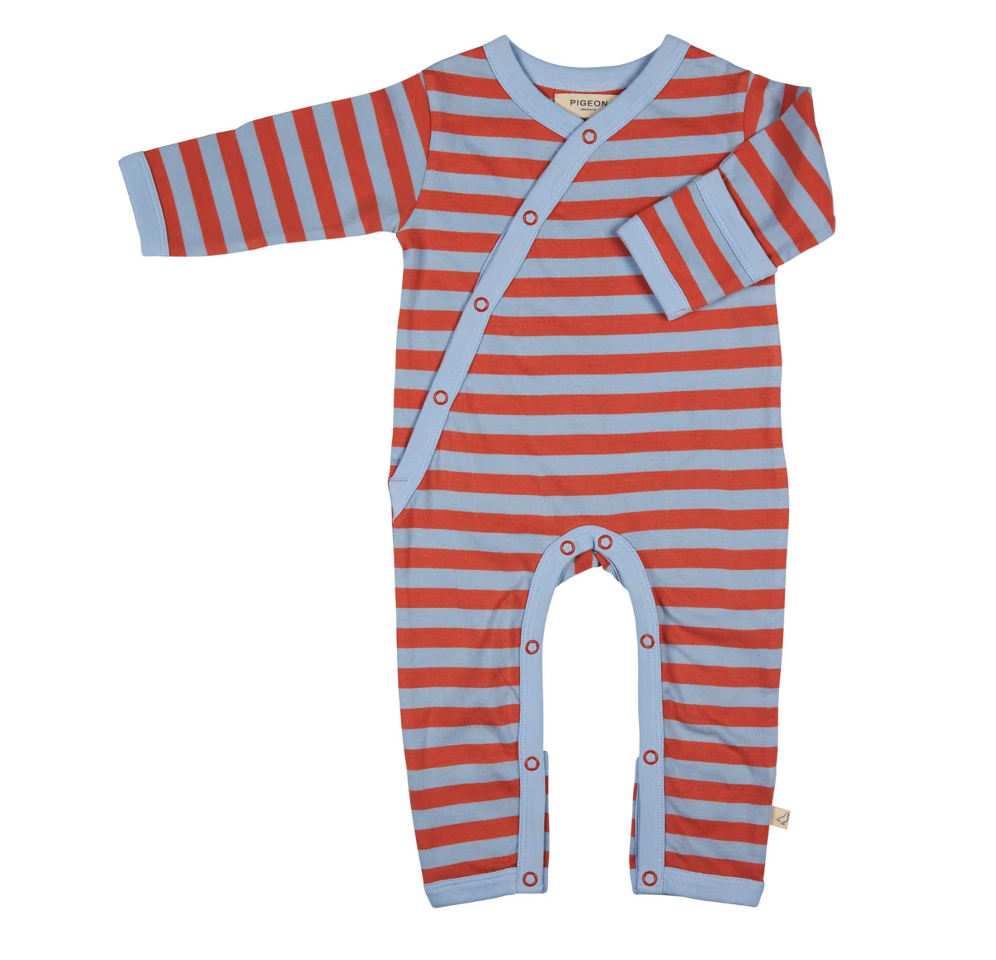 Striped baby romper with long sleeves. ORGANIC COTTON BABY SLEEPSUIT - ORANGE/BLUE BRETON STRIPE | PIGEON ORGANICS