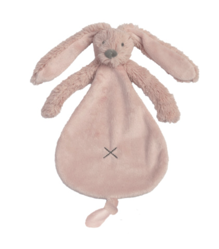 Pink plush bunny toy with a cross. RICHIE RABBIT SUPER SOFT TUTTLE COMFORTER - OLD PINK | HAPPY HORSE