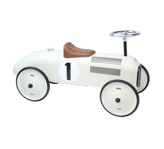 White children's toy car with brown seat. RIDE ON CLASSIC CAR - CREAM WITH TAN SEAT | VILAC