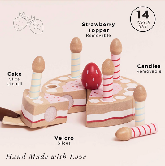 Wooden toy cake set with removable strawberry topper and candles on a white background SLICEABLE TOY BIRTHDAY CAKE & CANDLES | LE TOY VAN