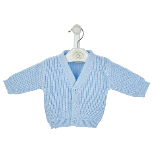 A blue knitted baby cardigan with three button front, displayed on a hanger. SOFT BUTTON-FRONT KNITTED BABY CARDIGAN - BLUE | DANDELION