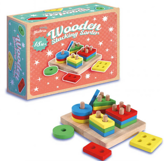 PlayWrite Retro Wooden Stacking Shape Sorter retail gift box with colourful retro design and 18M+ age label, shown alongside the toy featuring stacked colourful geometric shapes on a natural wood base board on a white background