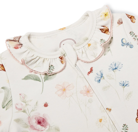 THE ENGLISH GARDEN PRINT FRILL ORGANIC COTTON ZIP SLEEPSUIT