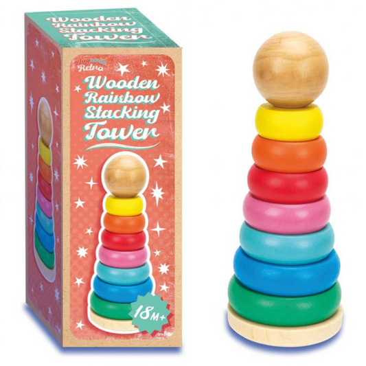 Playwrite Retro wooden rainbow stacking tower — 8 graduated rainbow rings in green, blue, teal, pink, red, orange and yellow on a natural wood base with wood ball topper, shown assembled alongside retro-style packaging, age 18 months+
