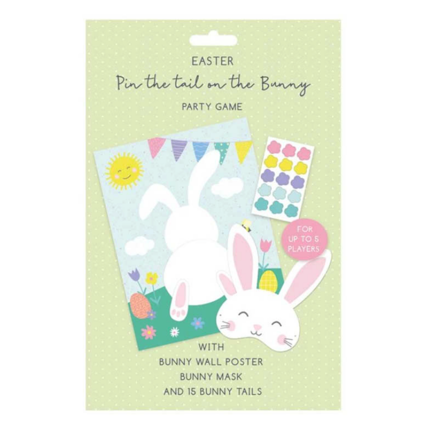 Easter party game packaging with bunny mask, wall poster, and tails on a light green background