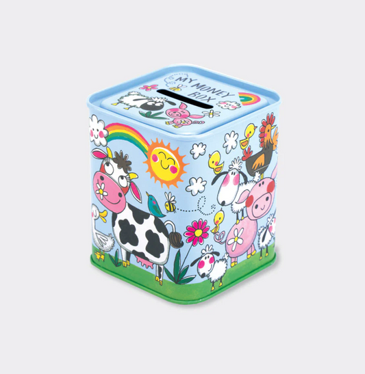 Rachel Ellen On The Farm money box tin — sky blue square tin with wrap-around farmyard illustration featuring cow, pig, sheep, goose, rooster, chicks, bee and bird on green grass with rainbow and smiling sun, 'MY MONEY BOX' coin slot on top lid, product shot on grey background