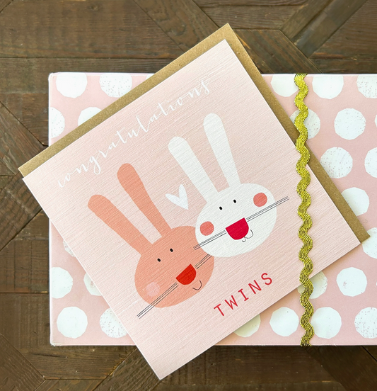 PINK BABY BUNNIES NEW BABY TWINS CARD | KALI STILEMAN