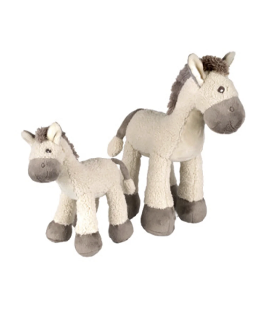 Two plush toy horses, one adult and one foal, made from soft textured fabric in cream, beige, and brown tones, set against a plain white background.
