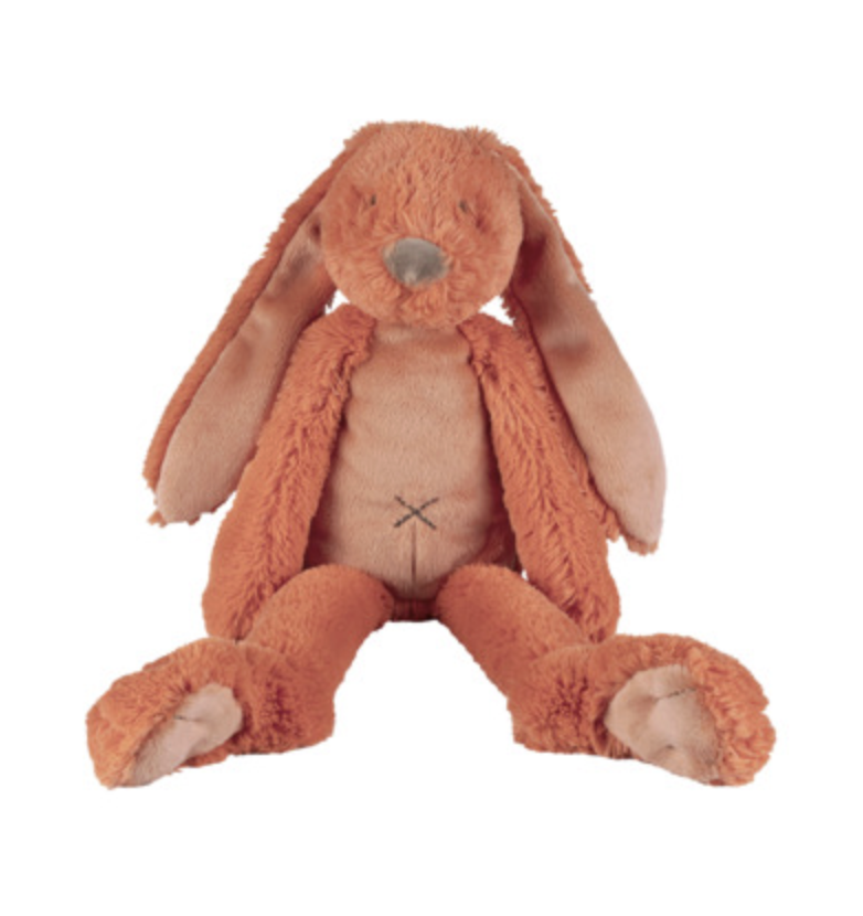A plush stuffed bunny toy in a warm rust-orange color with a lighter tan belly, floppy ears, and a gray snout, shown against a plain white background.