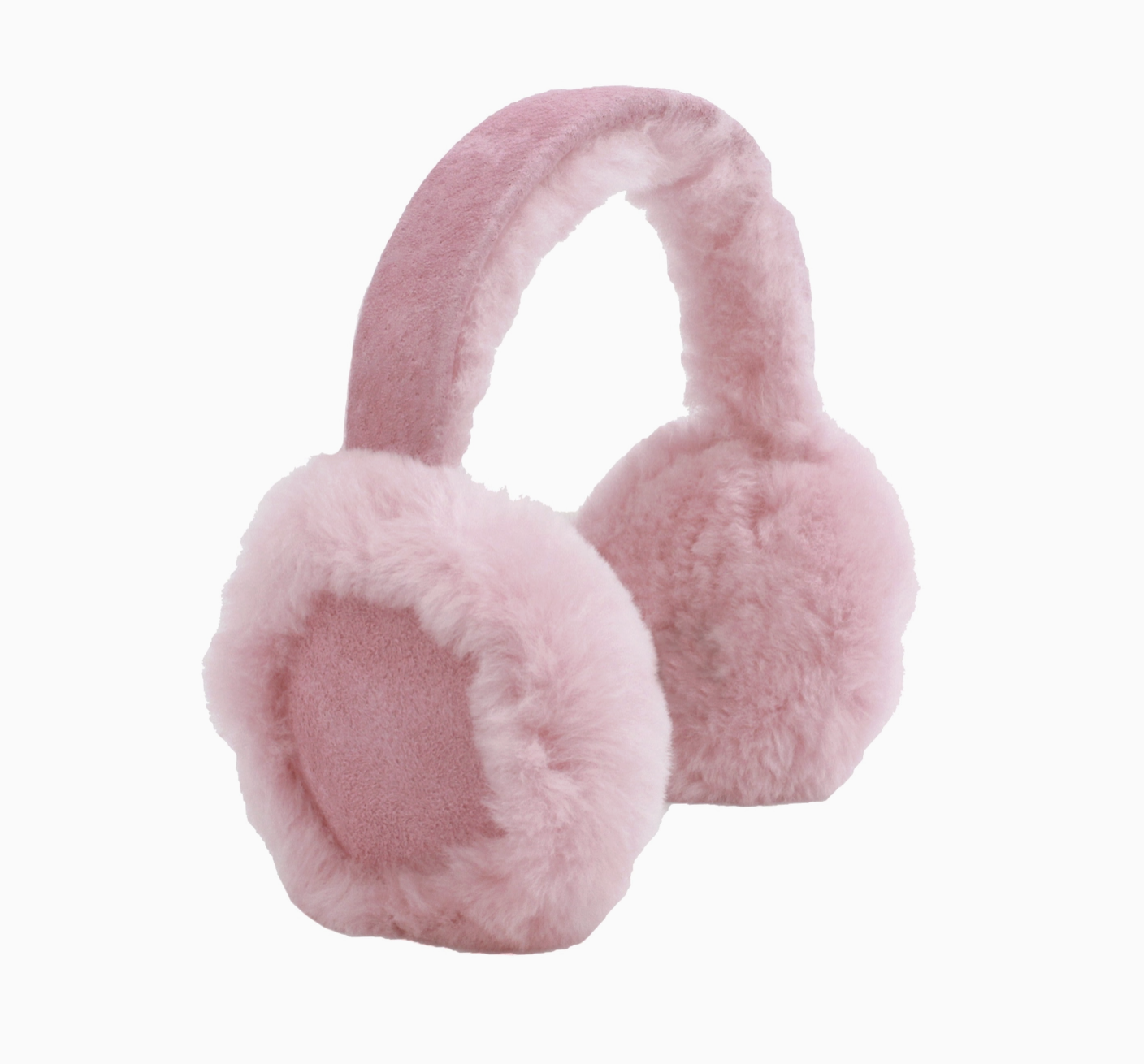 Pink fluffy faux-fur earmuffs with a padded headband, shown on a plain white background.