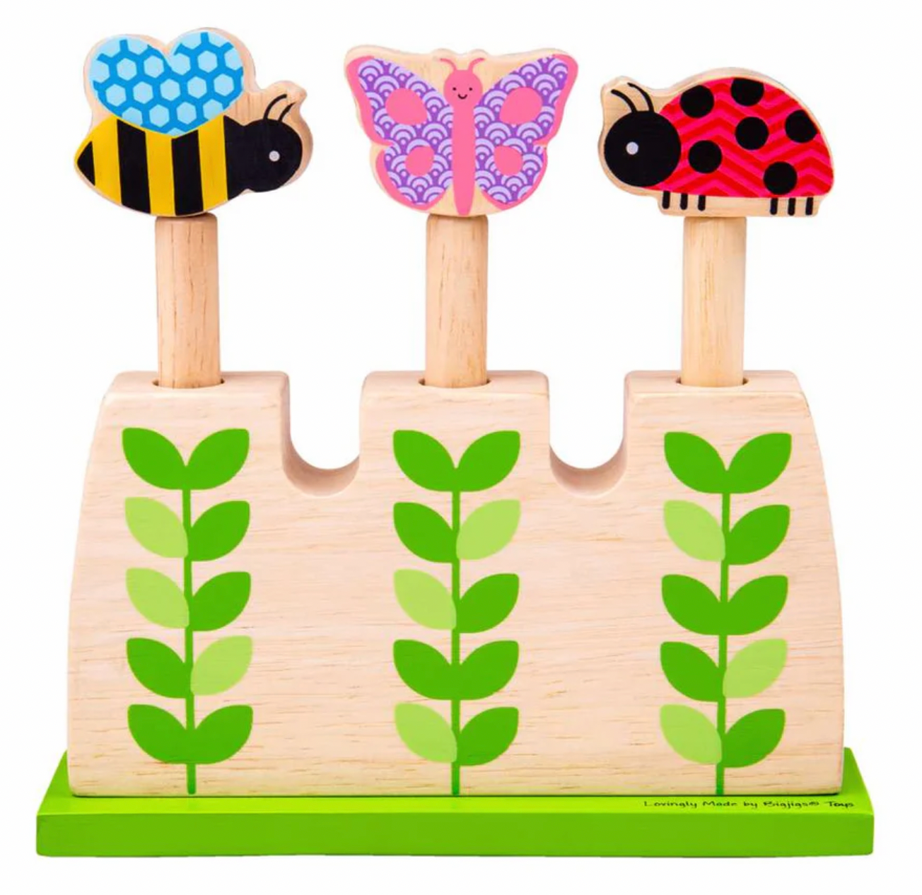 A wooden toy puzzle block set featuring three colorful cartoon characters on pegs: a blue-and-yellow bee, a pink-and-purple butterfly, and a red-and-black ladybug, mounted on a light wood base with green leaf motifs.