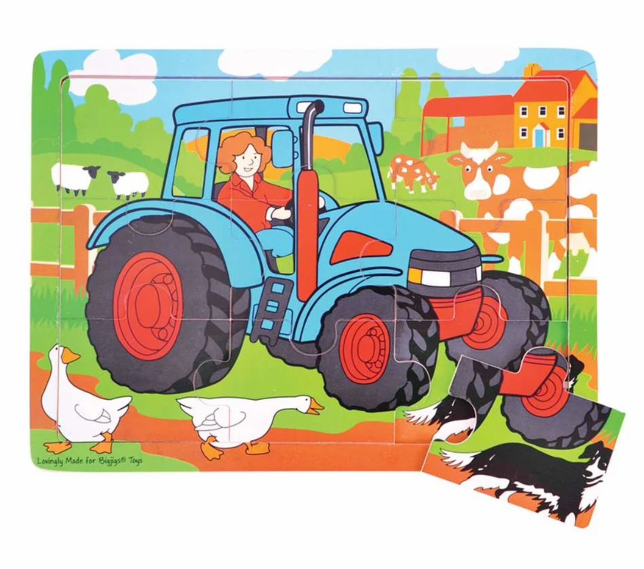 A colorful children's jigsaw puzzle featuring a farm scene with a blue tractor, a woman driving it, cows, ducks, sheep, a barn, and a dog. The puzzle is shown on a white background with one piece detached in the lower right corner.
