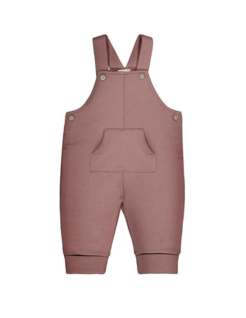 A dusty rose pink baby overall romper with adjustable shoulder straps, front patch pocket, and snap closures, shown flat on a white background.