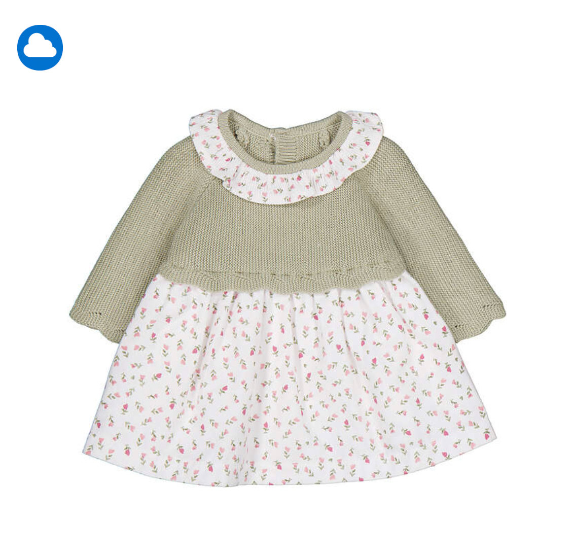 A baby girl's long-sleeve dress with a sage green ribbed knit top and a white floral skirt, shown flat on a white background.