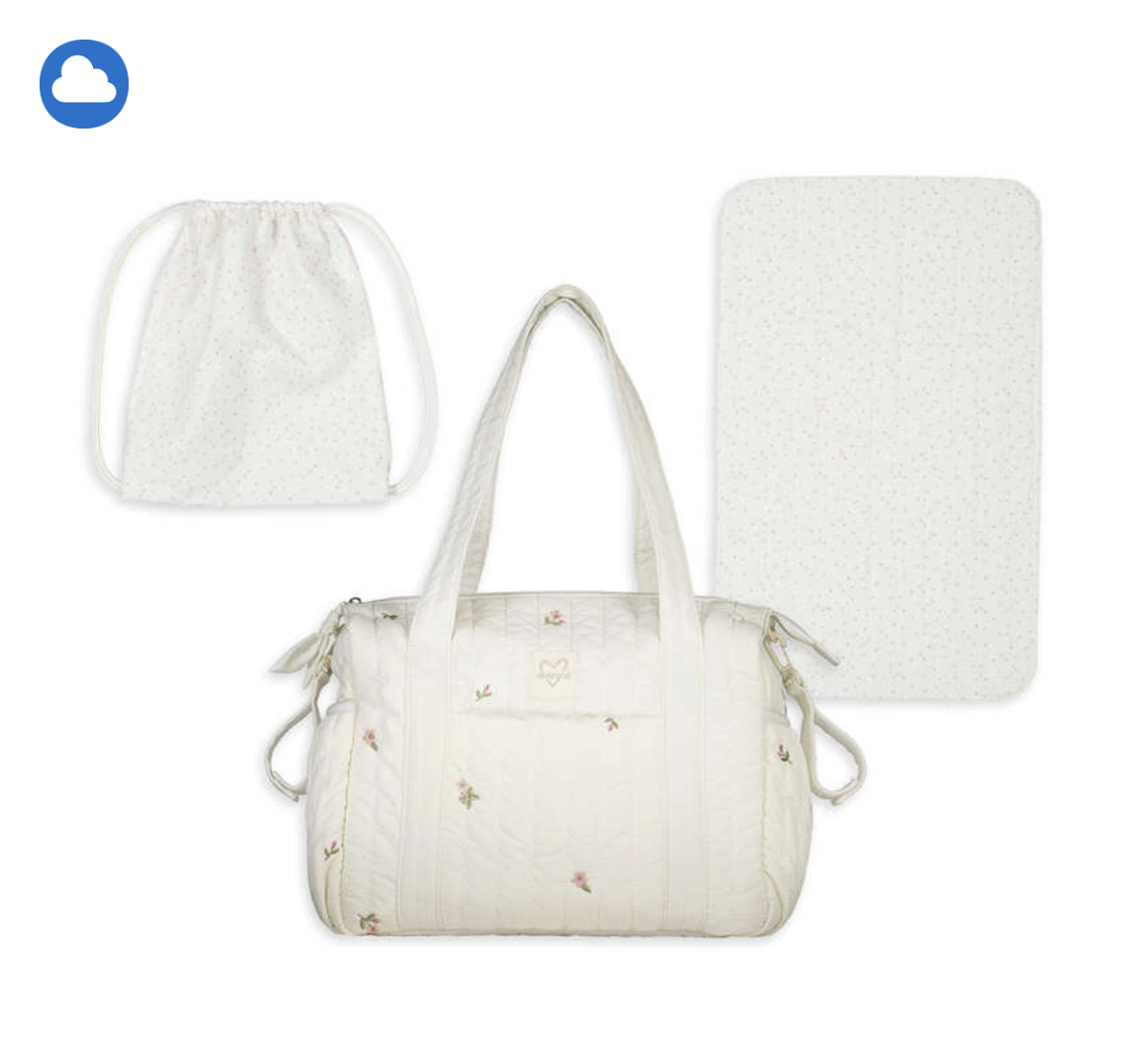 Mayoral cream quilted ditsy flower embroidered changing bag set showing barrel bag with carry handles, matching drawstring pouch and padded changing mat on white background