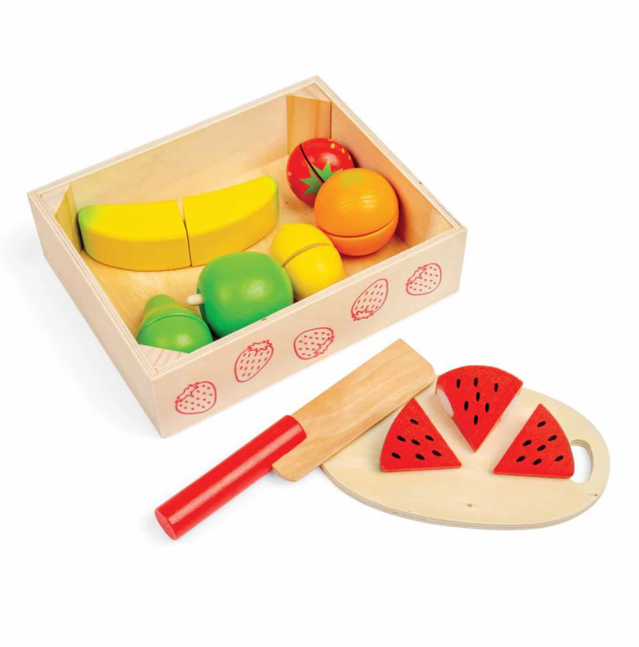 A wooden toy fruit box set with a natural wood crate containing colorful wooden fruits, a wooden cutting board, and a red-handled toy knife, photographed on a clean white background.
