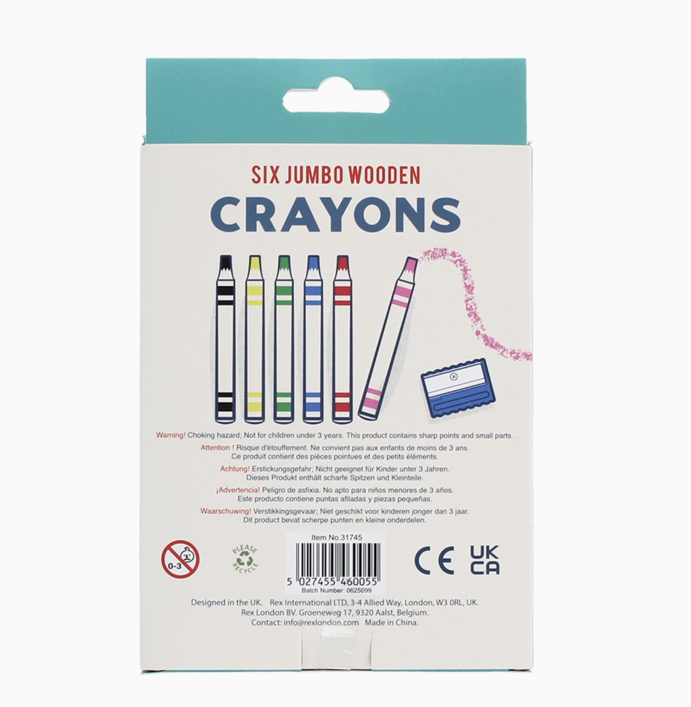 Back of Rex London Six Jumbo Wooden Crayons packaging showing safety information and barcode