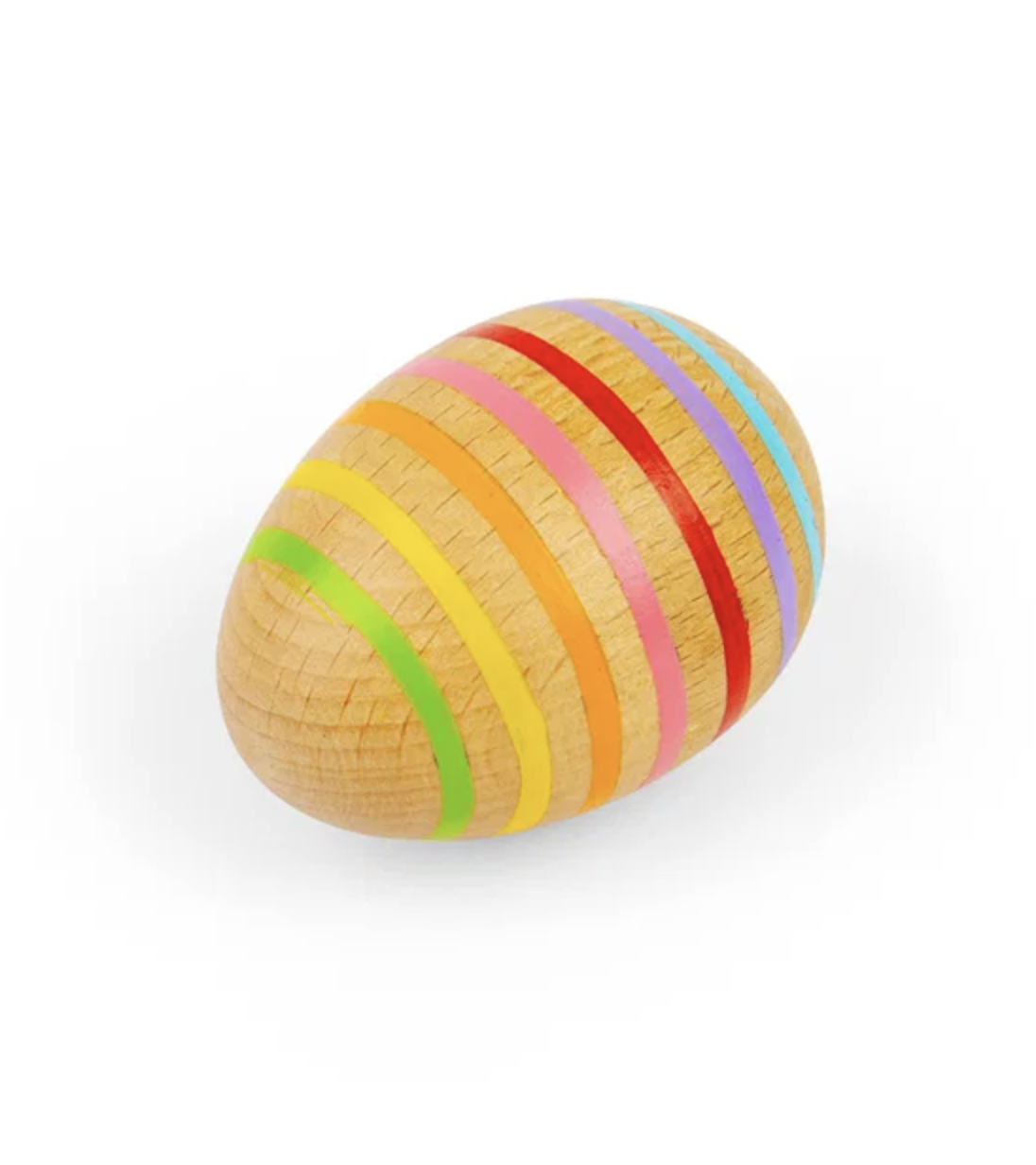 Bigjigs wooden egg shaker — side angle showing the rainbow stripe design in green, yellow, orange, pink, red, purple and blue on natural wood, on white background