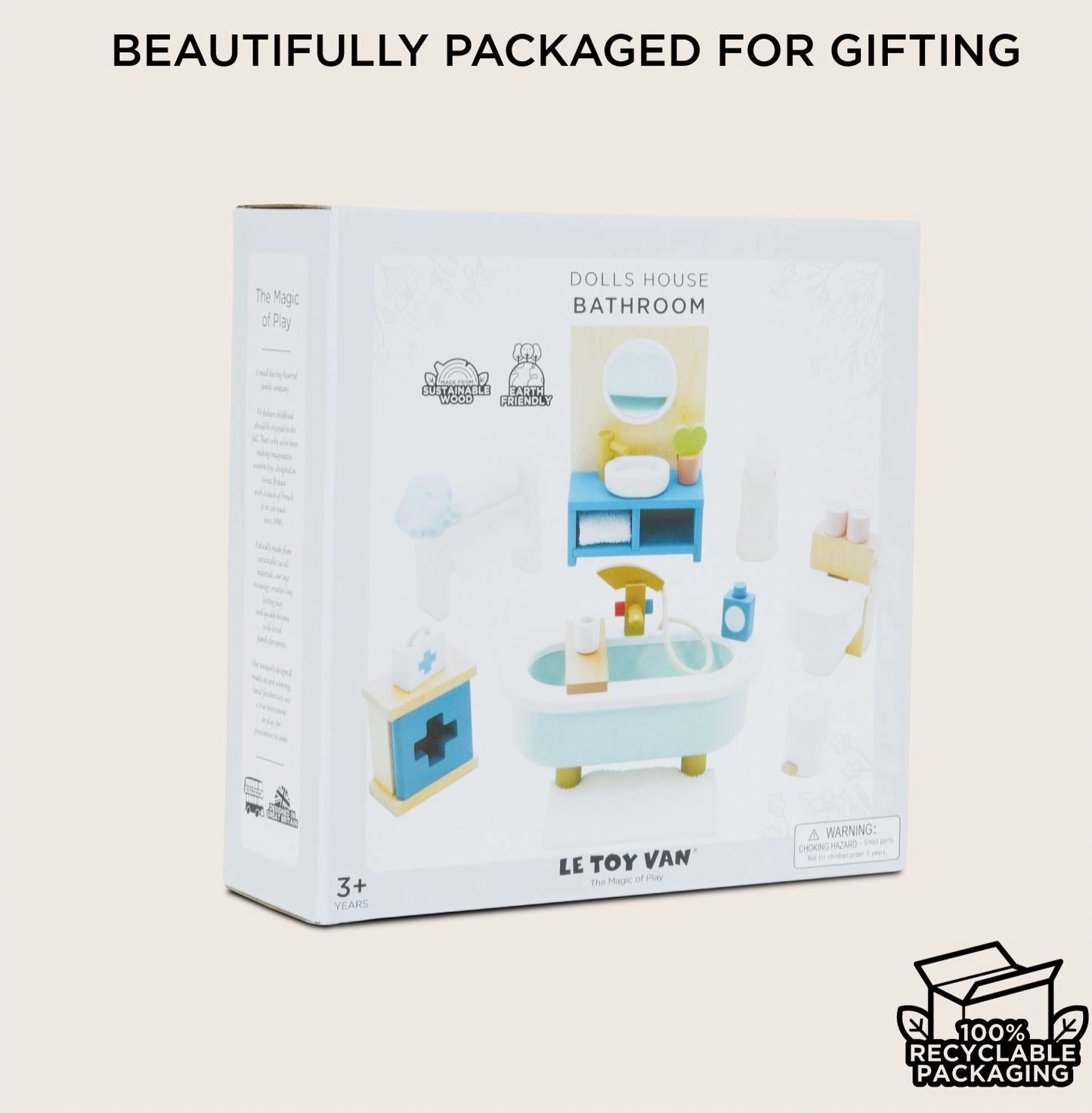 Le Toy Van wooden bathroom dolls house furniture set — gift box packaging labelled "Dolls House Bathroom" with sustainable wood and earth friendly badges, age 3+, 100% recyclable packaging; "Beautifully Packaged for Gifting" heading
