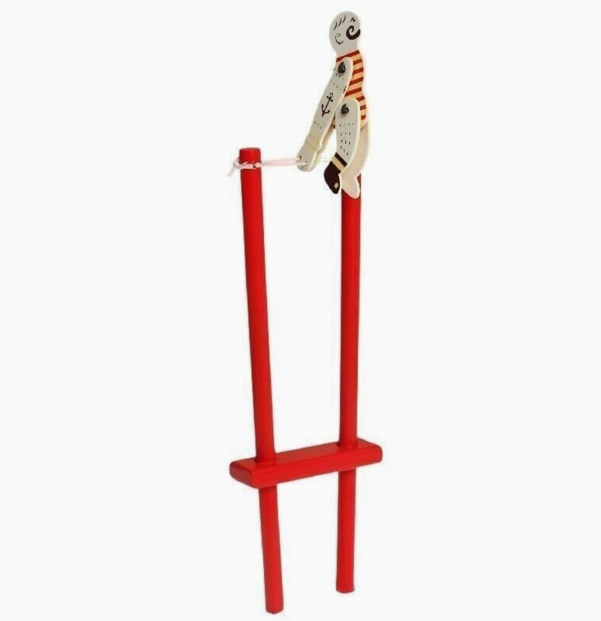Red wooden frame; figure upright seated on top of the trapeze bar; same detail; upright seated pose