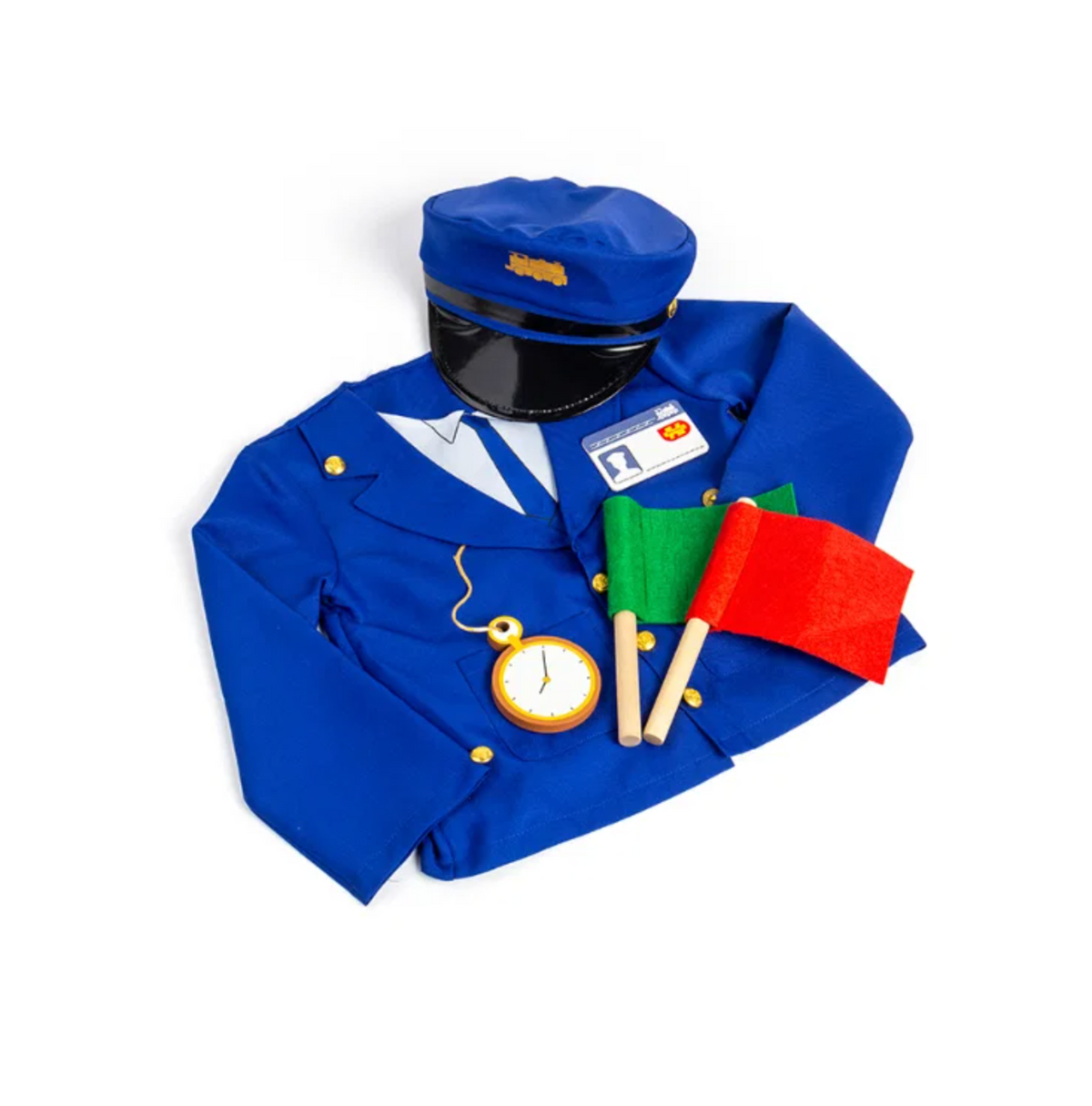 Slightly different flat lay angle — red flag more prominent; all six items clearly visible