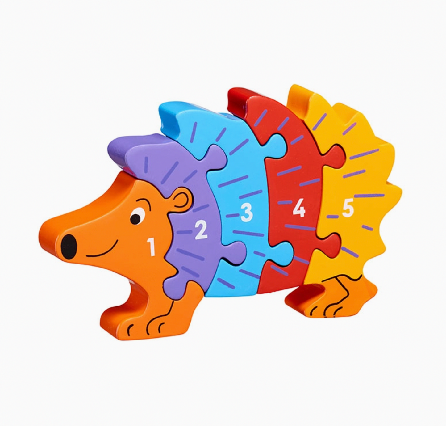 Orange hedgehog body/face (piece 1) with smiling face, round nose and paws; concentric spine arcs in purple, sky blue, red and golden yellow (pieces 2–5); radiating spine line markings; jagged outer edge on piece 5; white numbers 1–5; 97mm H × 155mm W