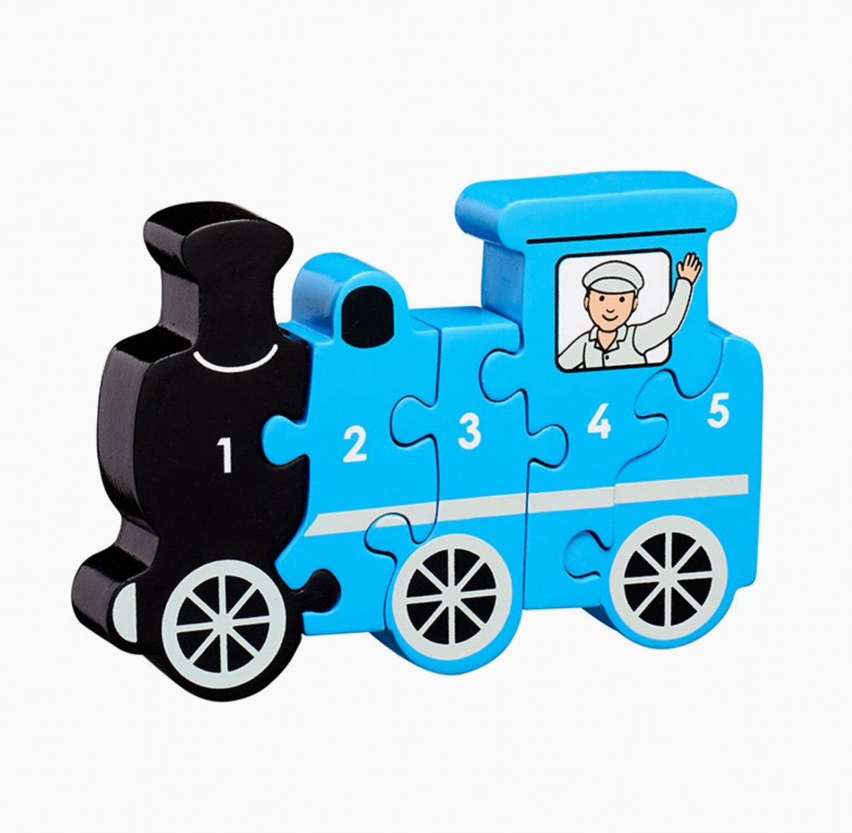 Blue steam locomotive; black boiler with mushroom chimney (piece 1); sky blue body with white horizontal stripe; cab window with waving driver in white peaked cap (piece 4); three black spoked wheels; white numbers 1–5; 104mm H × 154mm W