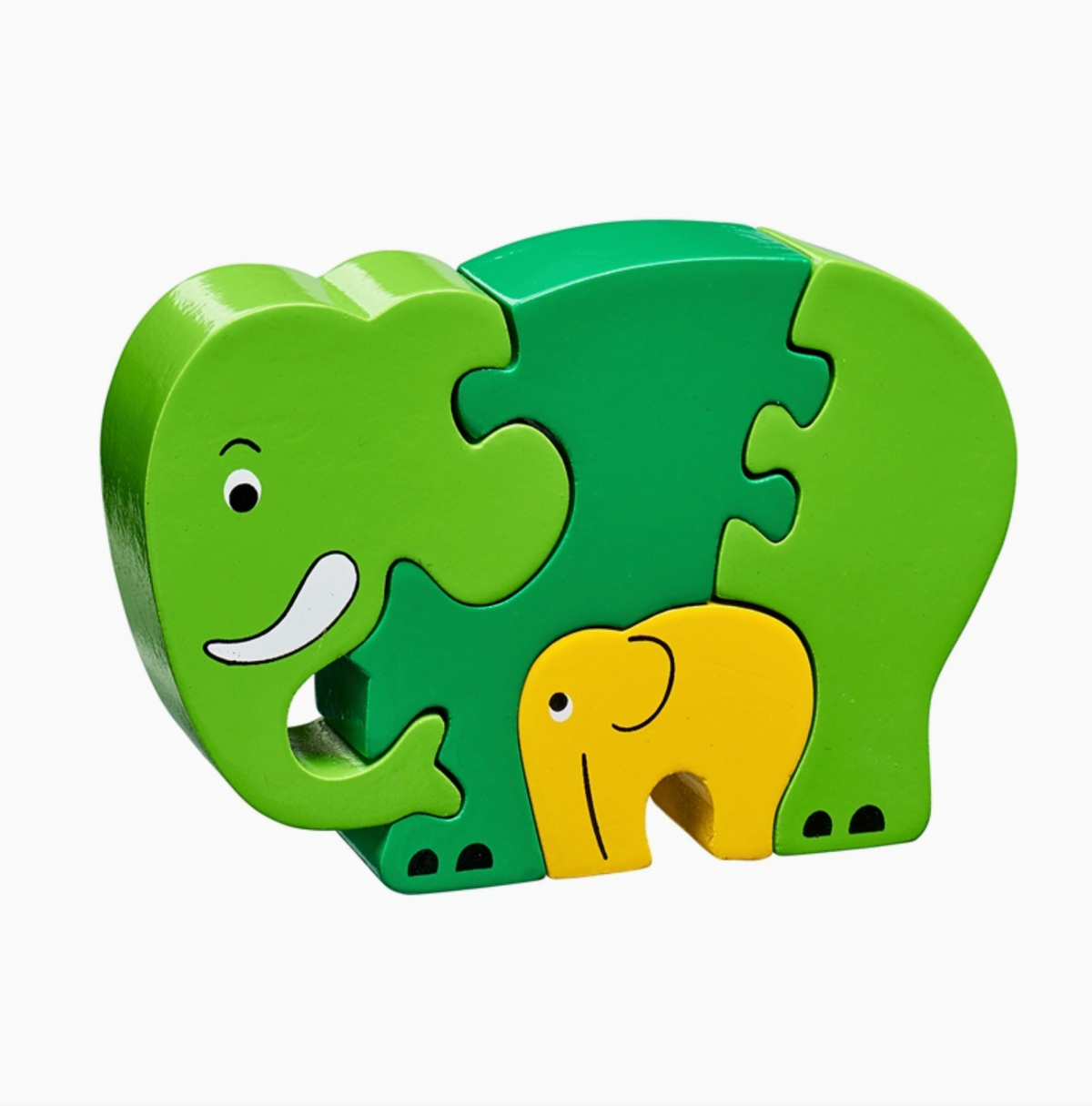 Green adult elephant (3 pieces, darker back section); yellow baby elephant nested beneath belly; white tusk, smiling face, hanging trunk; freestanding; 120mm W × 84mm H