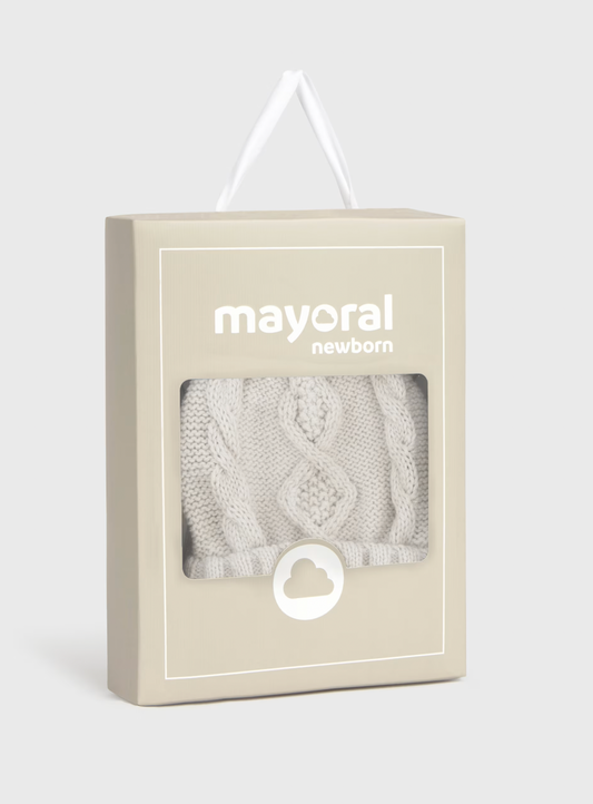 Mayoral Newborn retail gift box — stone/oatmeal box with clear window, white ribbon hanger, cloud badge