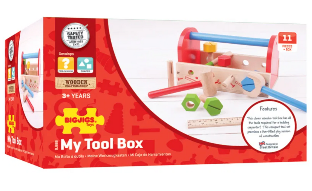 Bigjigs My Wooden Tool Box role-play set; children's FSC Certified wood toy with carry handle and tools for imaginative building projects