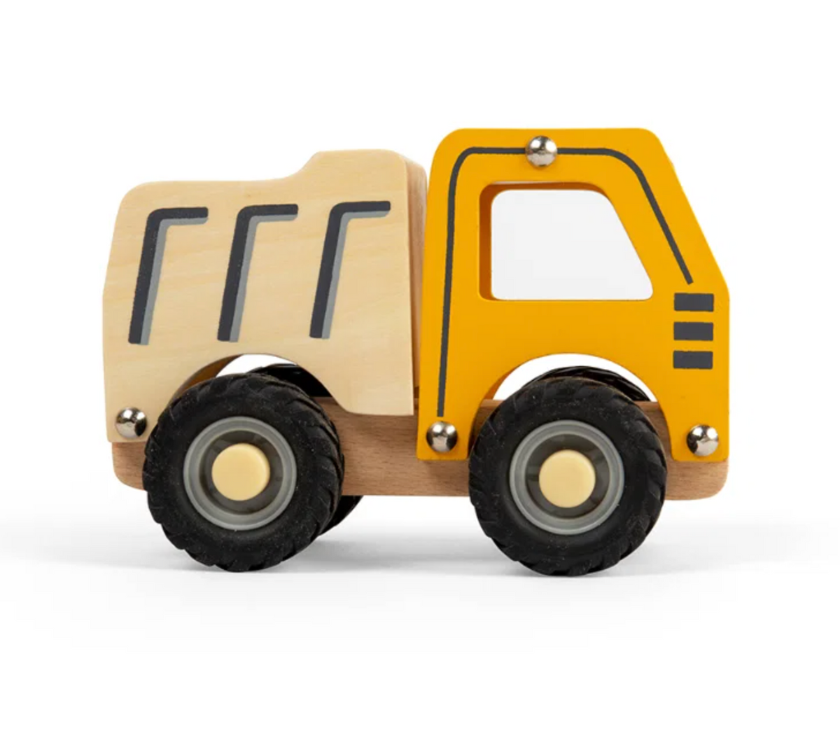 Bigjigs Toys tipper truck product image; wooden toddler vehicle measuring approximately 13.4cm wide, 10cm high and 7.5cm deep