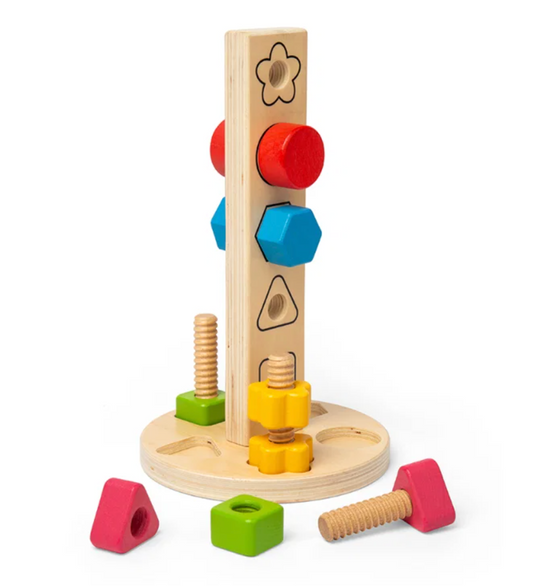Bigjigs wooden Nuts and Bolts Tower toddler toy; building activity designed to encourage turning, matching and coordination