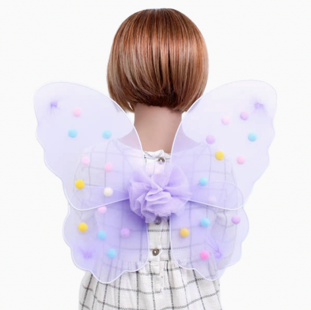 Lilac Molly & Rose Pom Pom Fairy Wings packaged in a clear PP bag with a floral Molly & Rose header card; colourful pompoms and elastic straps visible