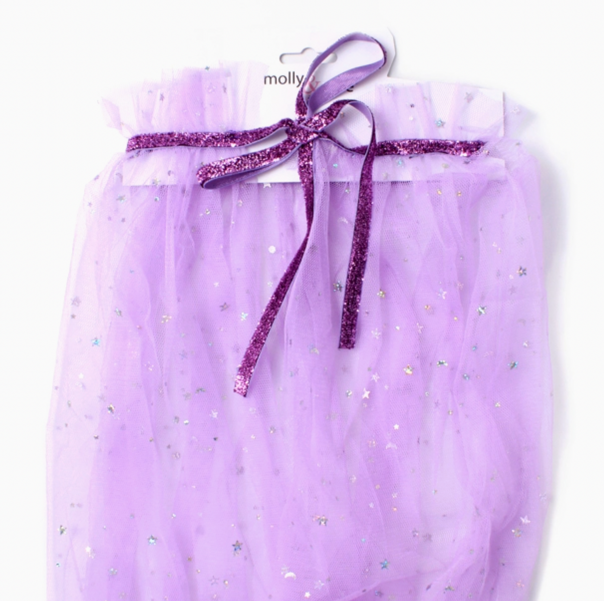 Lilac Molly & Rose children’s net cape laid flat, showing the ruffle collar and glitter star details.