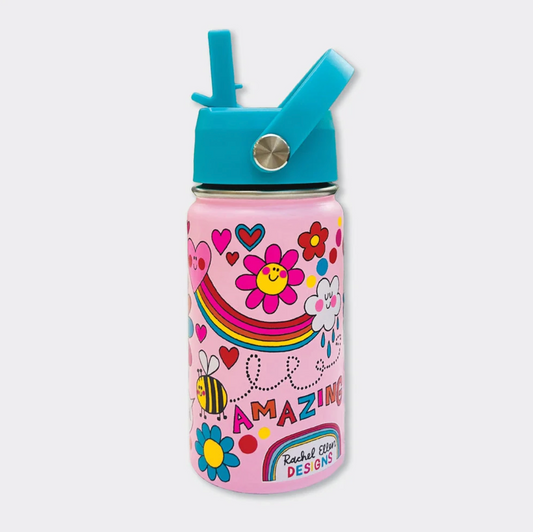 Reverse view of Rachel Ellen Bee Happy pink bottle with turquoise raised straw and carry handle; smiling flowers, hearts, rainbow, white cloud, striped bee and dotted flight trail above AMAZING lettering and Rachel Ellen Designs logo.