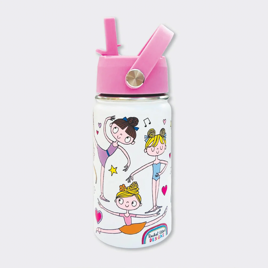 Rachel Ellen Ballet white kids water bottle with pink raised straw and angled handle on silver pivot; brunette dancer in lilac, blonde dancer in blue and blonde dancer in orange skirt, with hearts, musical notes, yellow star and Rachel Ellen Designs rainbow logo.