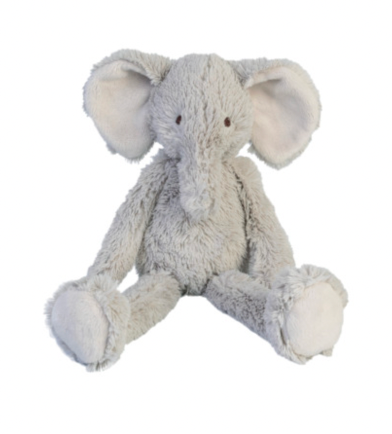 Happy Horse Elephant Enzo No. 1 pale-grey soft toy seated facing forward on a white background; shaggy textured plush covers head, rounded body, long floppy arms and outstretched legs. Oversized rounded ears have smooth cream interiors, with matching cream foot pads, small dark eyes, long hanging trunk and a visible centre seam down the forehead.