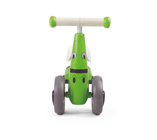 Green children's balance bike with a smiling face. TODDLER RIDE ON TOY - CROCODILE | DIDITRIKE