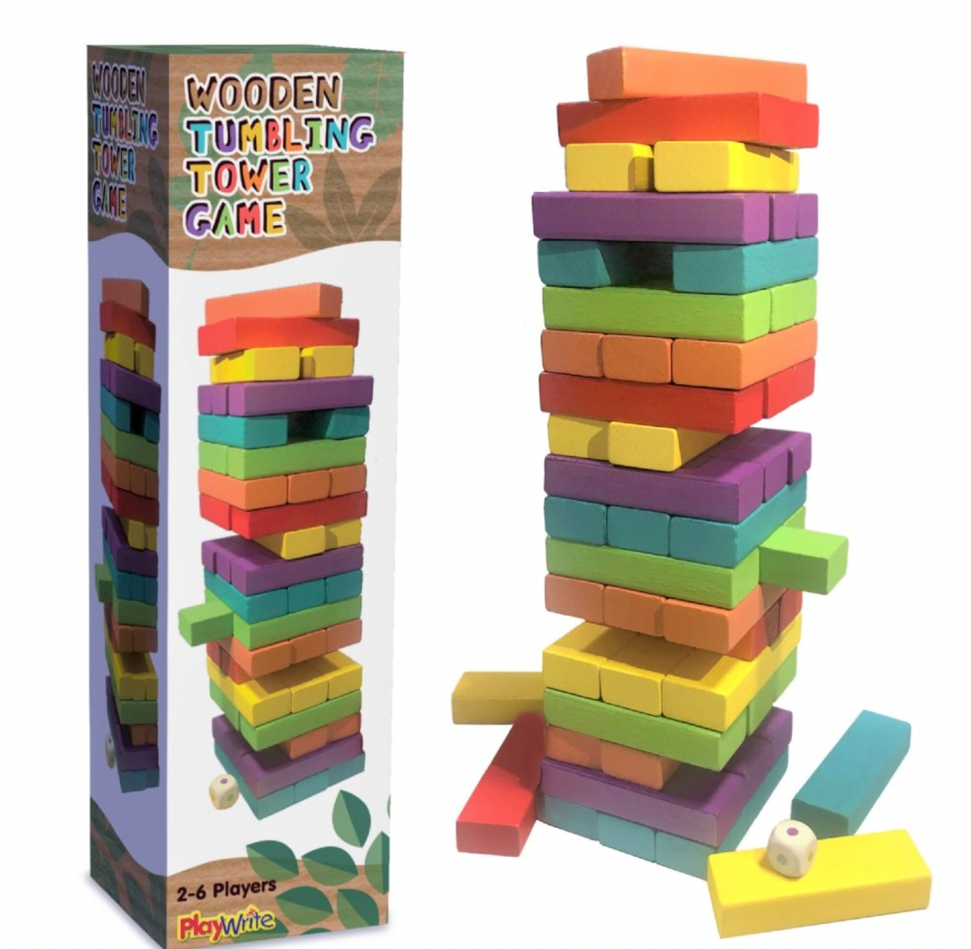 Colourful wooden tumbling tower game ready to be played with family and friends