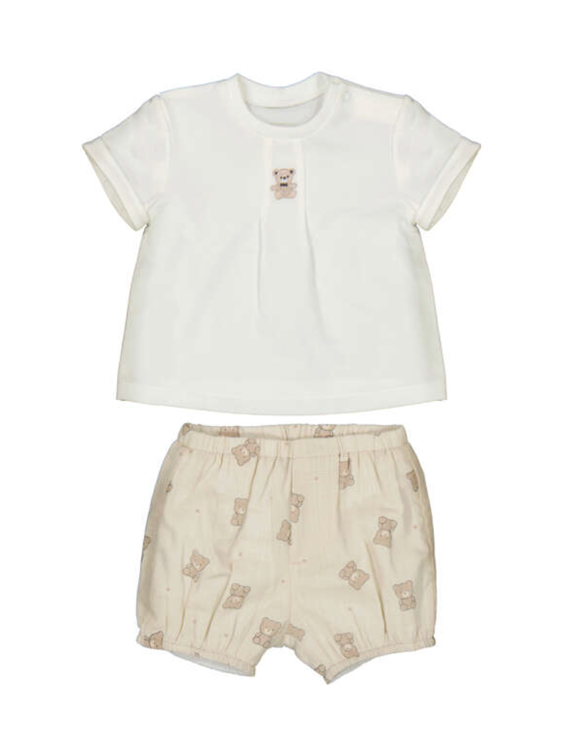 Mayoral unisex Baby outfit with white top and beige shorts on a white background. UNISEX NEUTRAL BABY SHORTS & T-SHIRT SET | MAYORAL