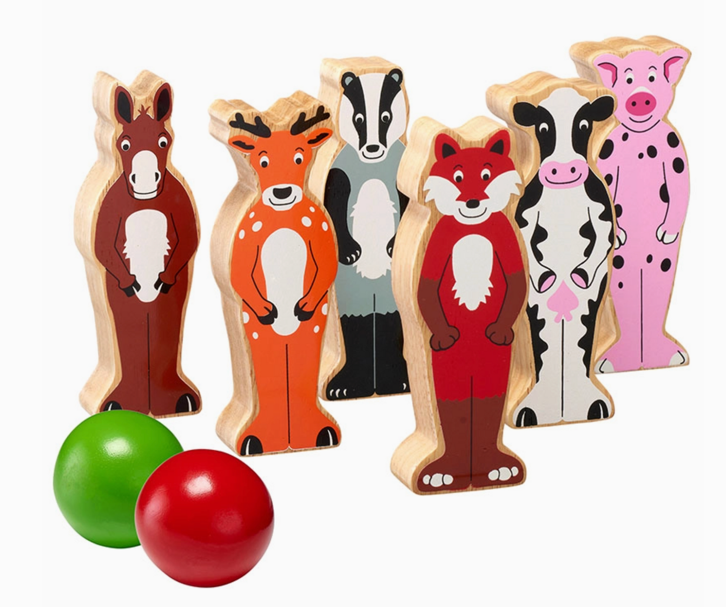 Set of wooden animal figures with two balls on a white background WOODEN COUNTRYSIDE ANIMAL SKITTLES - HANDMADE & FAIR TRADE | LANKA KADE