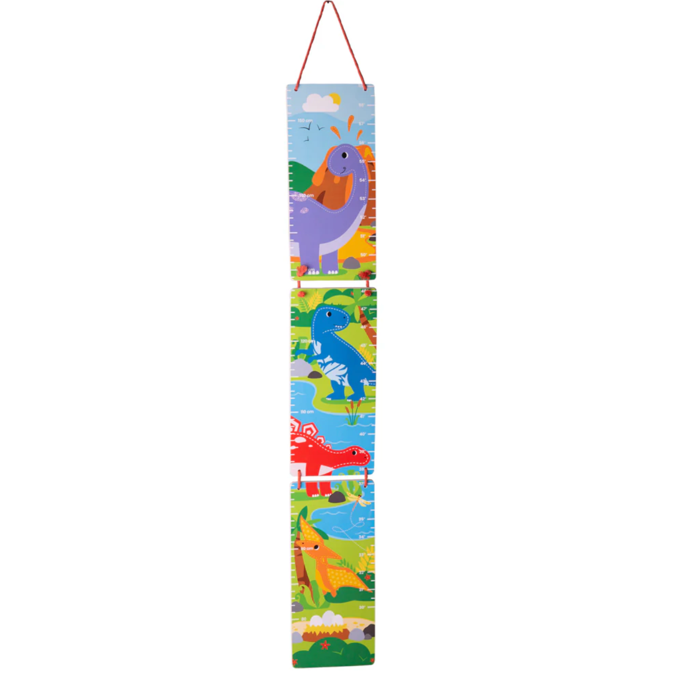 Children's growth chart with dinosaur illustrations on a white background WOODEN DINOSAUR HEIGHT CHART | BIGJIGS