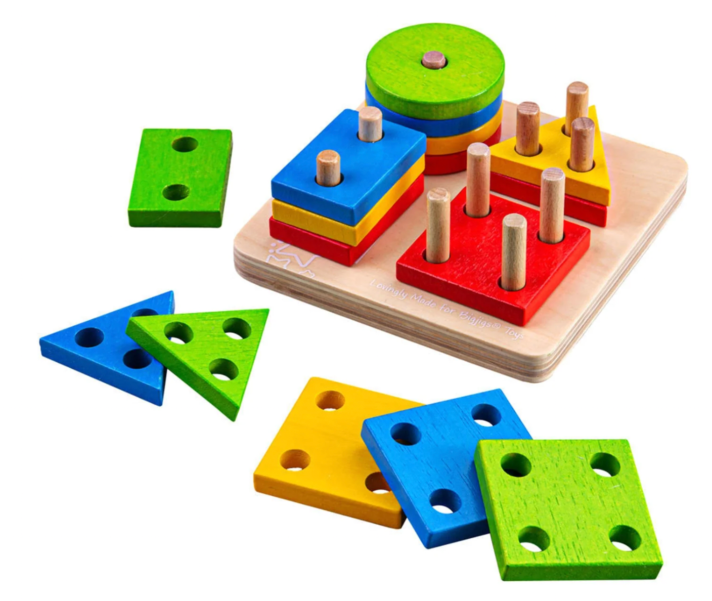 Colorful wooden shape sorting toy. WOODEN FIRST FOUR SHAPE & COLOUR SORTER | BIGJIGS